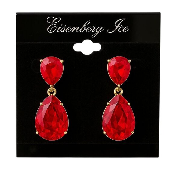 Vintage Eisenberg Ice Red Rhinestone Drop Earrings Goldtone Holiday Jewelry - Picture 2 of 3